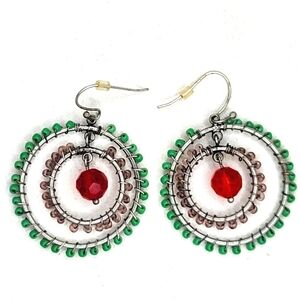 Glass Bead Wire-Weaved Double Hoop Silver Earrings